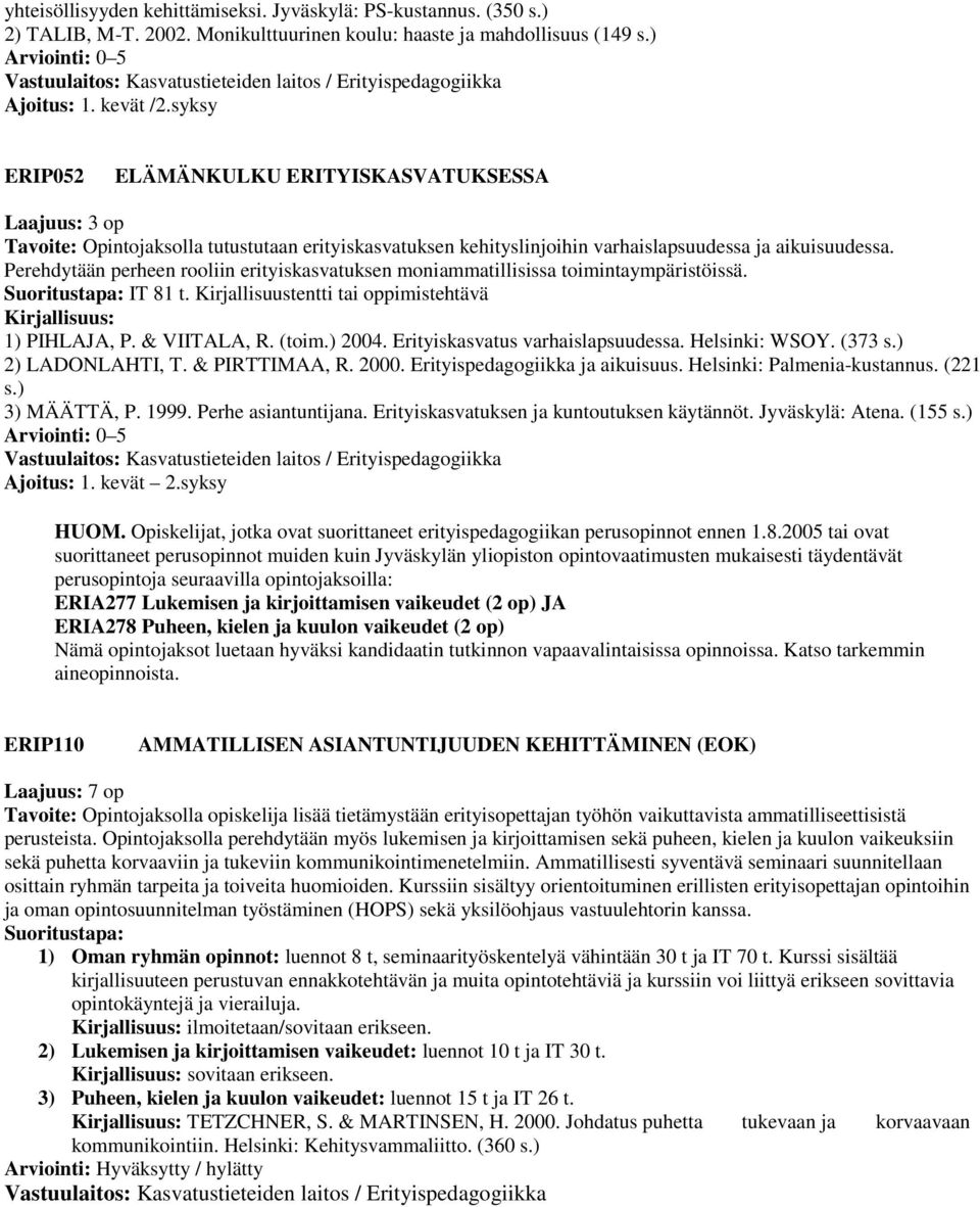 Perehdytään perheen rooliin erityiskasvatuksen moniammatillisissa toimintaympäristöissä. Suoritustapa: IT 81 t. Kirjallisuustentti tai oppimistehtävä 1) PIHLAJA, P. & VIITALA, R. (toim.) 2004.