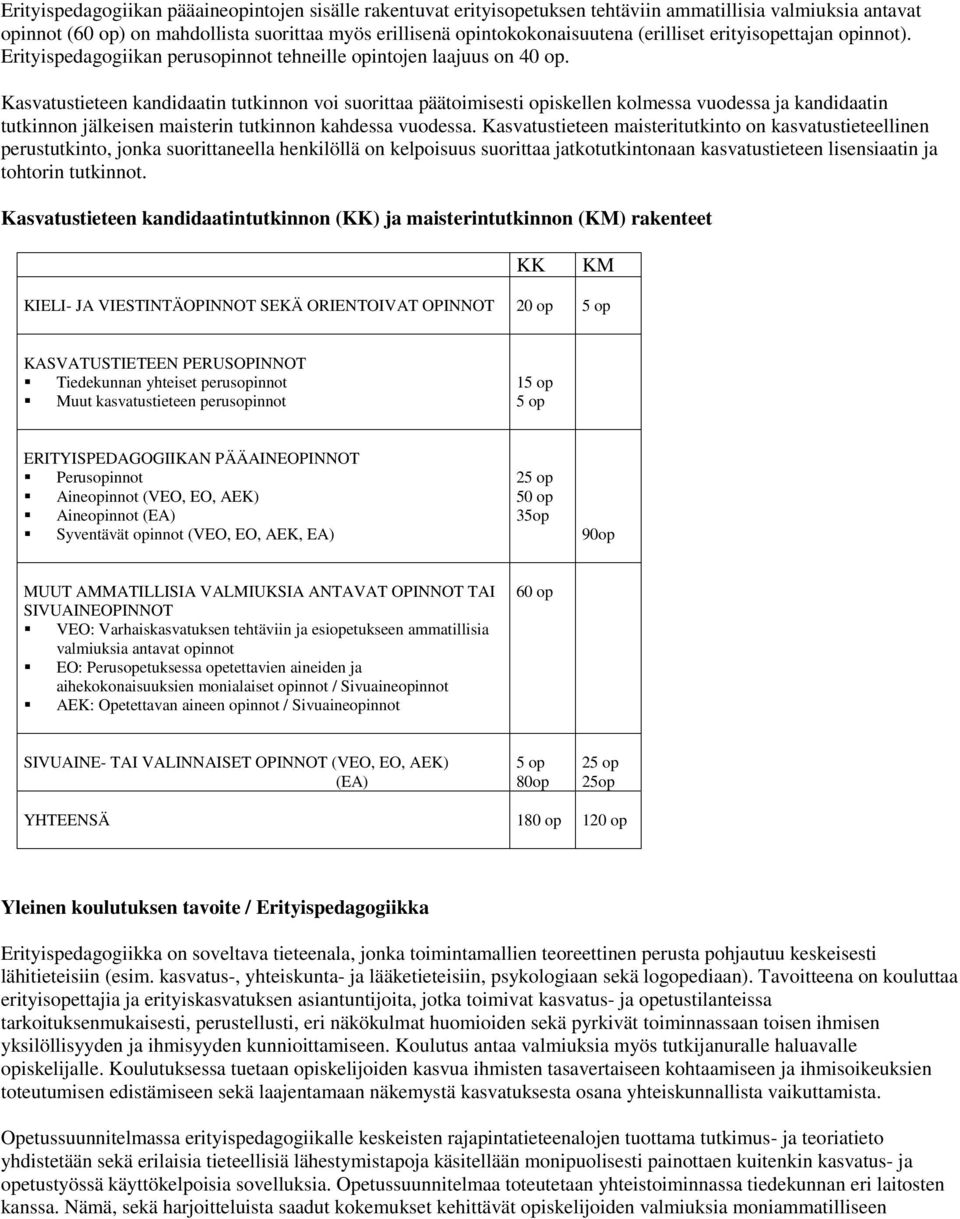 Kasvatustieteen kandidaatin tutkinnon voi suorittaa päätoimisesti opiskellen kolmessa vuodessa ja kandidaatin tutkinnon jälkeisen maisterin tutkinnon kahdessa vuodessa.