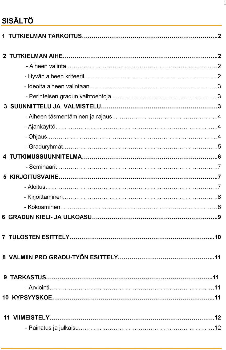 ..4 - Ajankäyttö...4 - Ohjaus.4 - Graduryhmät..5 4 TUTKIMUSSUUNNITELMA.6 - Seminaarit..7 5 KIRJOITUSVAIHE.7 - Aloitus..7 - Kirjoittaminen.