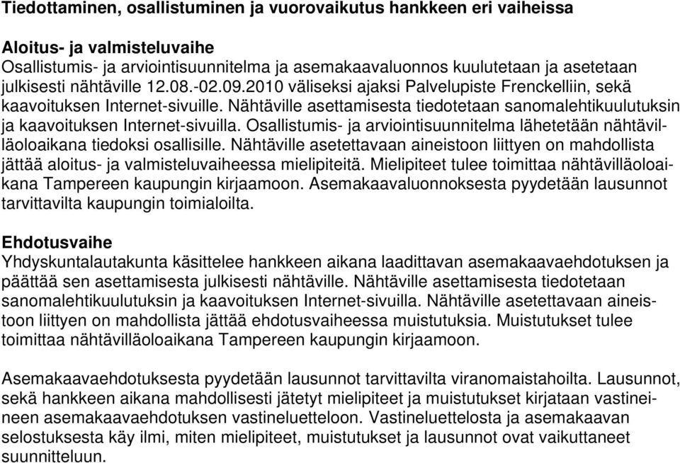 Nähtäville asettamisesta tiedotetaan sanomalehtikuulutuksin ja kaavoituksen Internet-sivuilla. Osallistumis- ja arviointisuunnitelma lähetetään nähtävilläoloaikana tiedoksi osallisille.