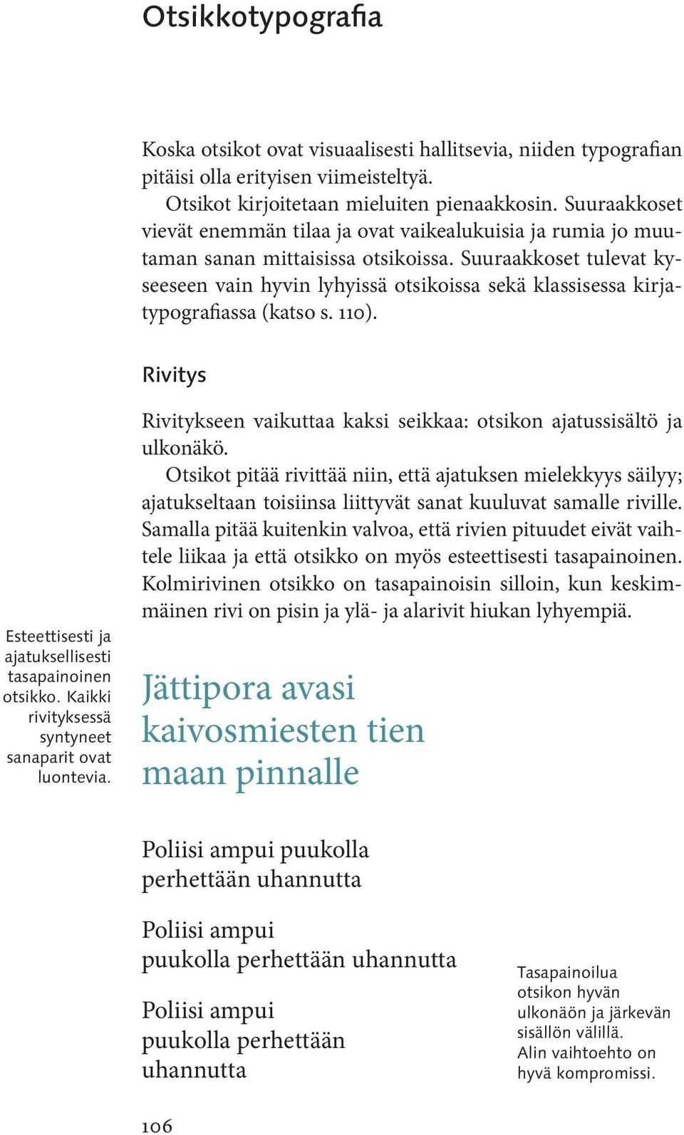 Suuraakkoset tulevat kyseeseen vain hyvin lyhyissä otsikoissa sekä klassisessa kirja - typo grafi assa (katso s. 110). Rivitys Esteettisesti ja ajatuksellisesti tasapainoinen otsikko.