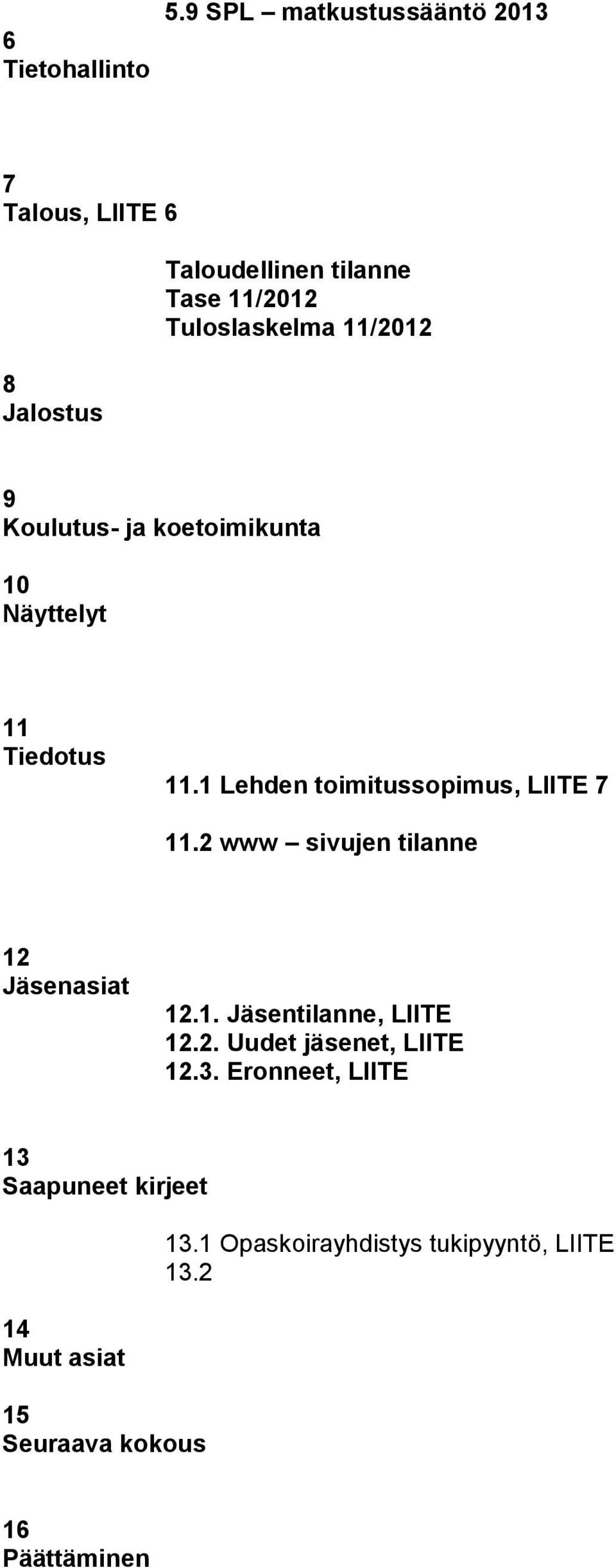 9 Koulutus- ja koetoimikunta 10 Näyttelyt 11 Tiedotus 11.1 Lehden toimitussopimus, LIITE 7 11.