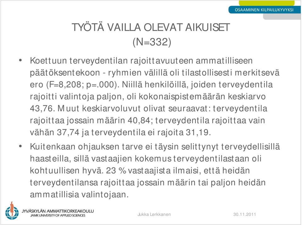 Muut keskiarvoluvut olivat seuraavat: terveydentila rajoittaa jossain määrin 40,84; terveydentila rajoittaa vain vähän 37,74 ja terveydentila ei rajoita 31,19.