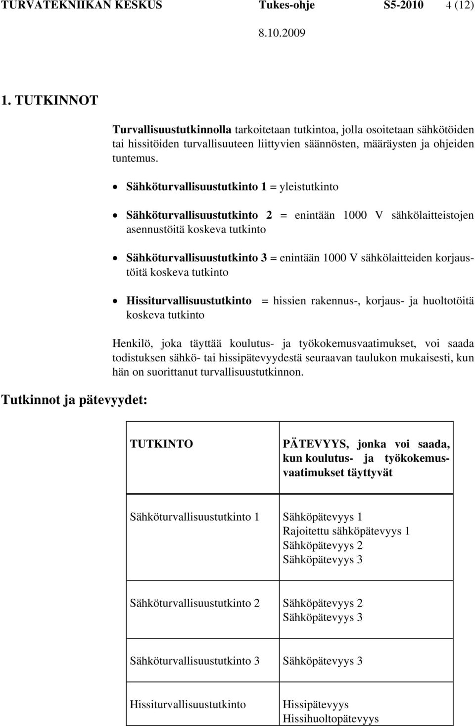 Sähköturvallisuustutkinto 1 = yleistutkinto Sähköturvallisuustutkinto 2 = enintään 1000 V sähkölaitteistojen asennustöitä koskeva tutkinto Sähköturvallisuustutkinto 3 = enintään 1000 V