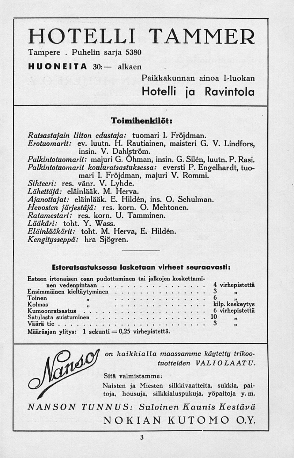 Engelhardt, tuomari I. Fröjdman, majuri V. Rommi. Sihteeri: res. vänr. V. Lyhde. Lähettäjä: eläinlääk. M. Herva. Ajanottajat: eläinlääk. E. Hilden, ms. O. Schulman. Hevosten järjestäjä: res. korn. O. Mehtonen.