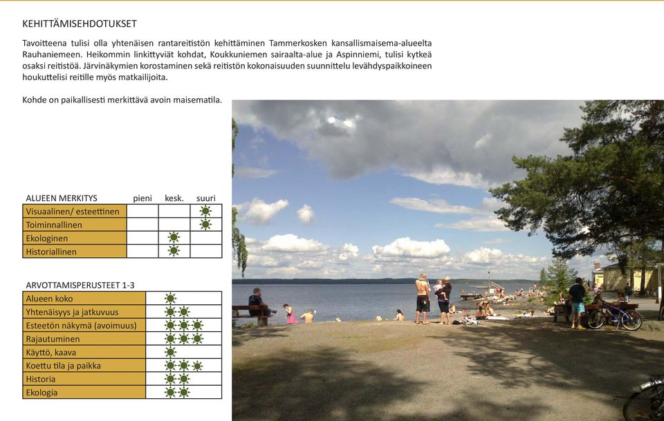 Heikommin linkittyviät kohdat, Koukkuniemen sairaalta-alue ja Aspinniemi, tulisi kytkeä osaksi reitistöä.