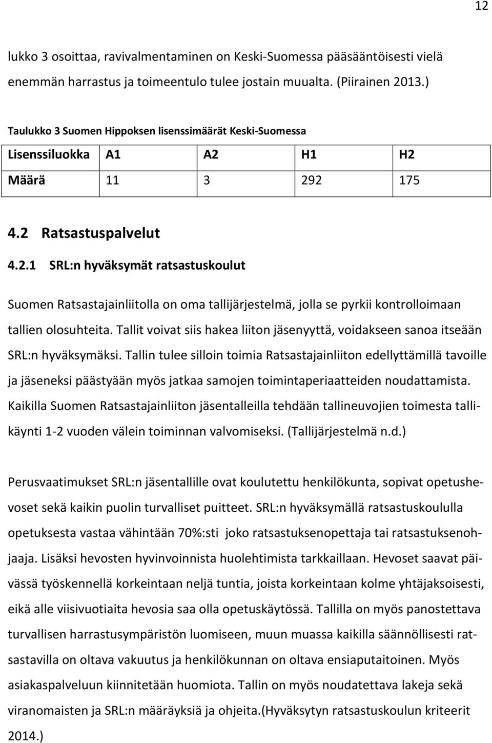 H1 H2 Määrä 11 3 292 175 4.2 Ratsastuspalvelut 4.2.1 SRL:n hyväksymät ratsastuskoulut Suomen Ratsastajainliitolla on oma tallijärjestelmä, jolla se pyrkii kontrolloimaan tallien olosuhteita.