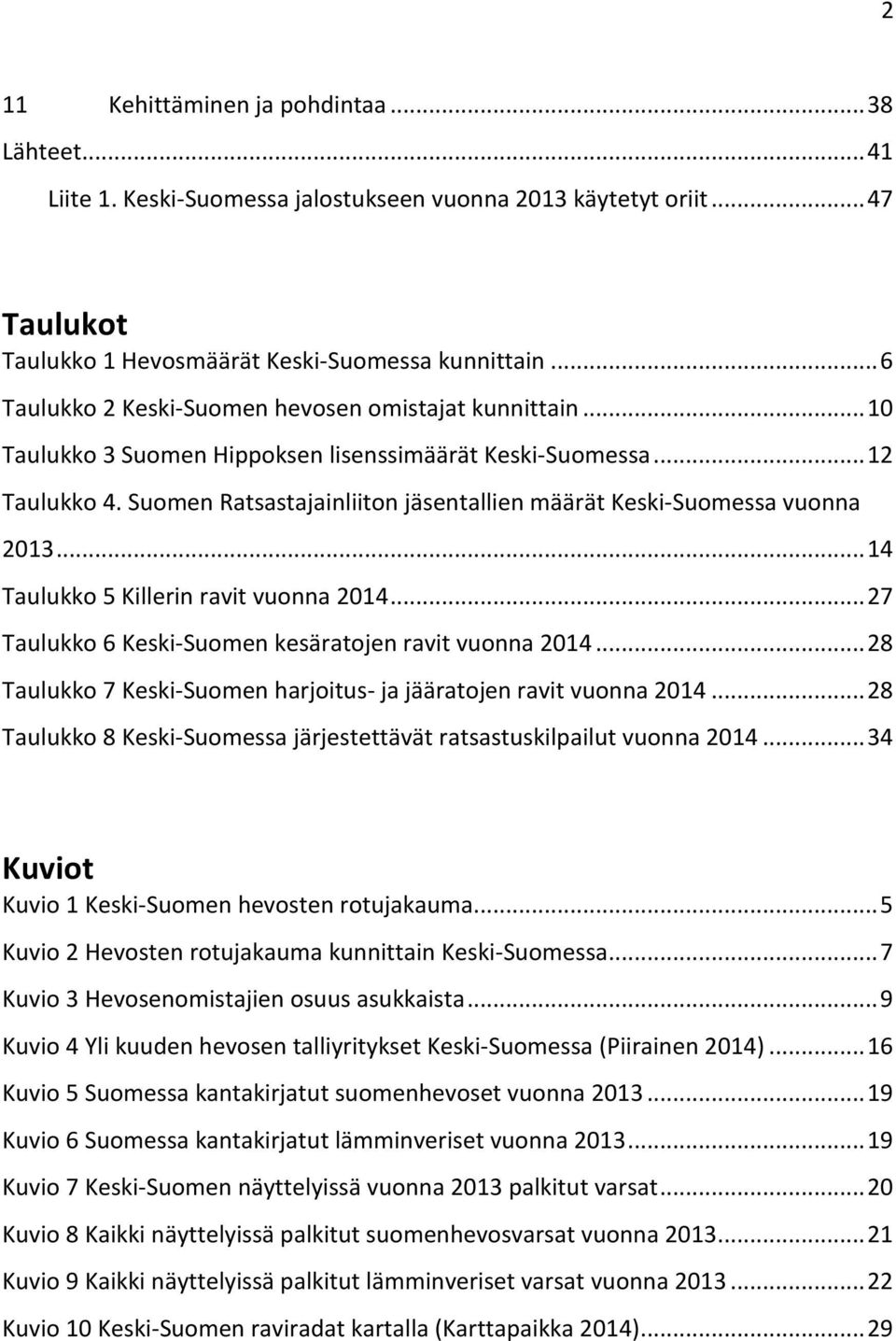 Suomen Ratsastajainliiton jäsentallien määrät Keski-Suomessa vuonna 2013... 14 Taulukko 5 Killerin ravit vuonna 2014... 27 Taulukko 6 Keski-Suomen kesäratojen ravit vuonna 2014.