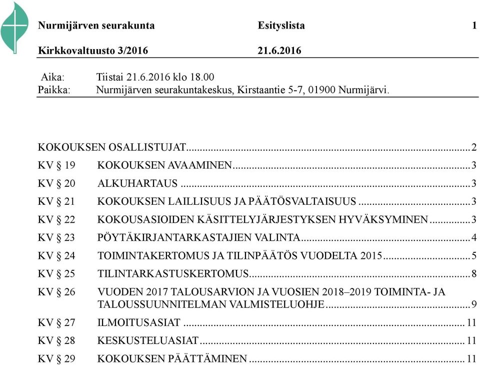 .. 3 KV 22 KOKOUSASIOIDEN KÄSITTELYJÄRJESTYKSEN HYVÄKSYMINEN... 3 KV 23 PÖYTÄKIRJANTARKASTAJIEN VALINTA... 4 KV 24 TOIMINTAKERTOMUS JA TILINPÄÄTÖS VUODELTA 2015.