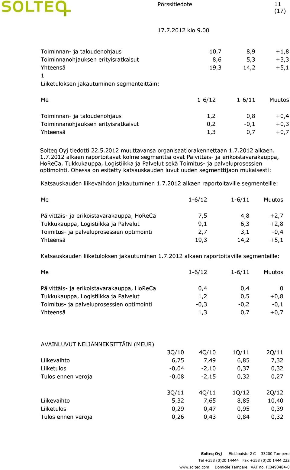 1.7.2012 alkaen raportoitavat kolme segmenttiä ovat Päivittäis- ja erikoistavarakauppa, HoReCa, Tukkukauppa, Logistiikka ja Palvelut sekä Toimitus- ja palveluprosessien optimointi.