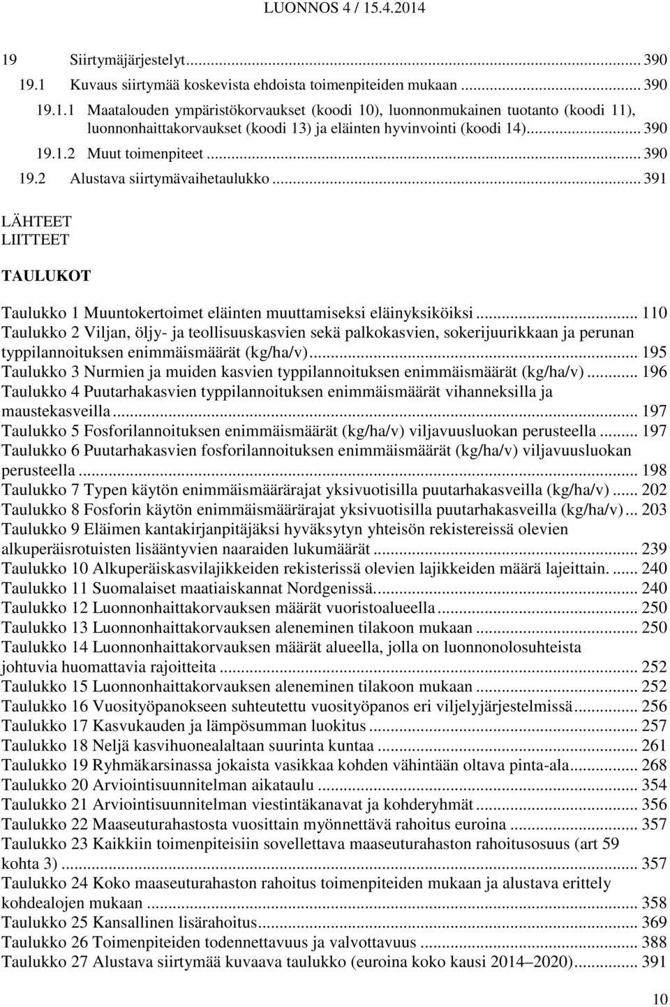 .. 110 Taulukko 2 Viljan, öljy- ja teollisuuskasvien sekä palkokasvien, sokerijuurikkaan ja perunan typpilannoituksen enimmäismäärät (kg/ha/v).