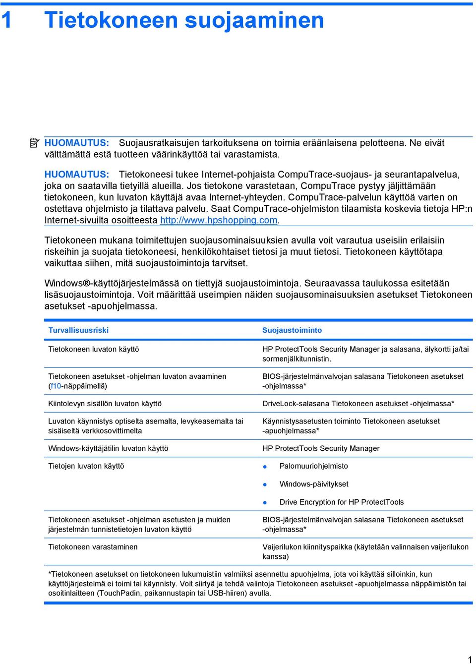 Jos tietokone varastetaan, CompuTrace pystyy jäljittämään tietokoneen, kun luvaton käyttäjä avaa Internet-yhteyden. CompuTrace-palvelun käyttöä varten on ostettava ohjelmisto ja tilattava palvelu.