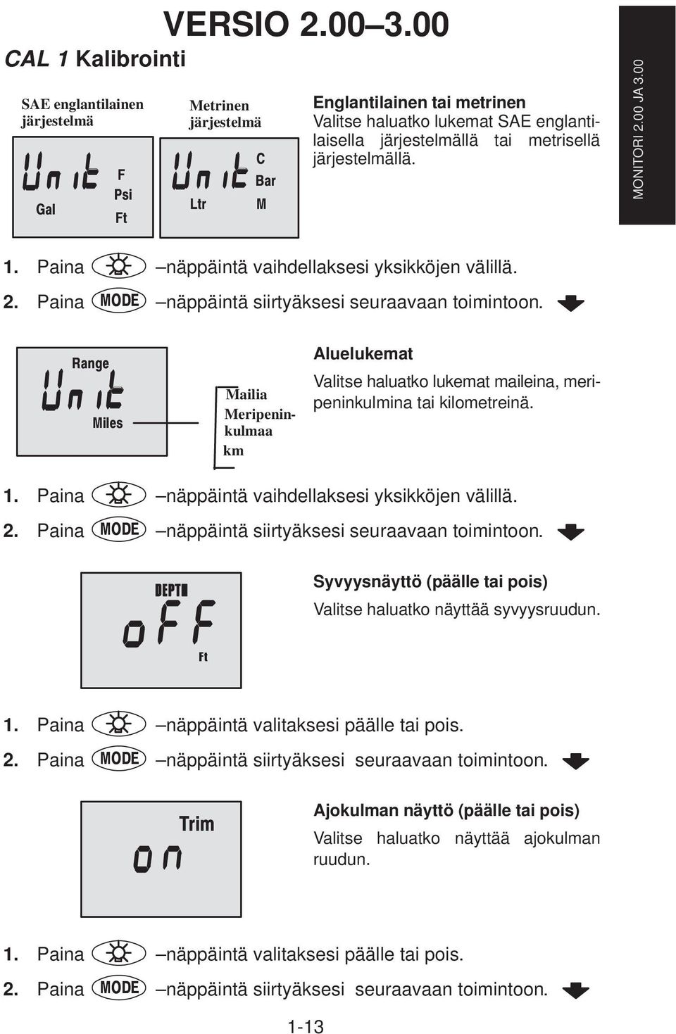 MONITORI 2.00 JA 3.00 1. Paina näppäintä vaihdellaksesi yksikköjen välillä. 2. Paina näppäintä siirtyäksesi seuraavaan toimintoon.