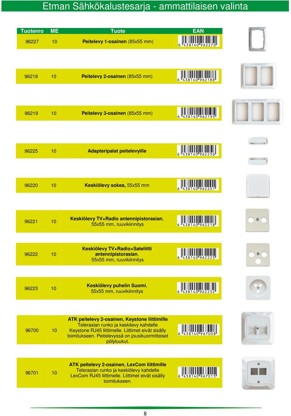 TV+Radio+Sateliitti antennipistorasian, 55x55 mm, ruuvikiinnitys 6 438140 962225 96223 10 Keskiölevy puhelin Suomi, 55x55 mm, ruuvikiinnitys 6 438140 962232 96700 10 ATK peitelevy 2-osainen, Keystone