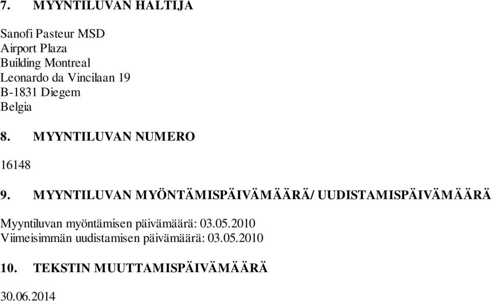 MYYNTILUVAN MYÖNTÄMISPÄIVÄMÄÄRÄ/ UUDISTAMISPÄIVÄMÄÄRÄ Myyntiluvan myöntämisen