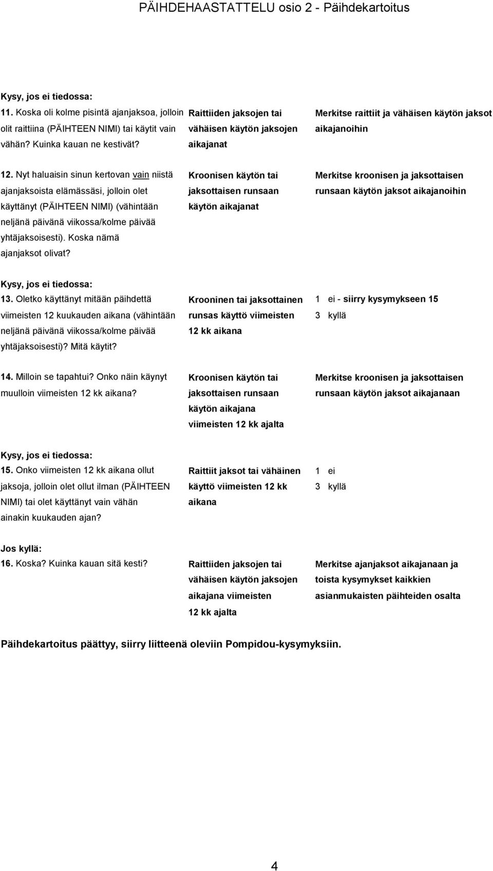 Nyt haluaisin sinun kertovan vain niistä Kroonisen käytön tai Merkitse kroonisen ja jaksottaisen ajanjaksoista elämässäsi, jolloin olet jaksottaisen runsaan runsaan käytön jaksot aikajanoihin