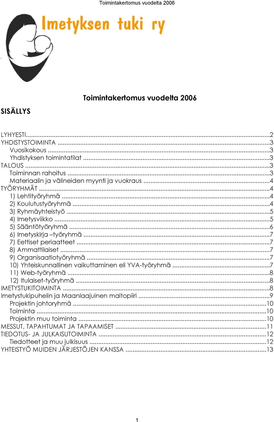 ..7 9) Organisaatiotyöryhmä...7 10) Yhteiskunnallinen vaikuttaminen eli YVA-työryhmä...7 11) Web-työryhmä...8 12) Itulaiset-työryhmä...8 IMETYSTUKITOIMINTA.