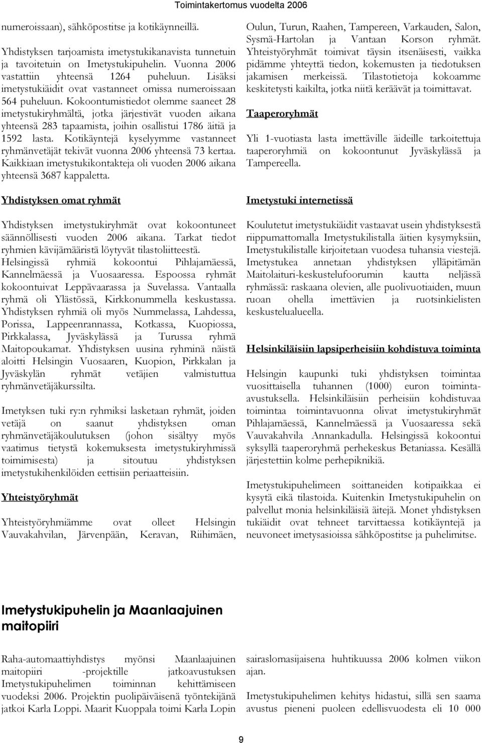 Kokoontumistiedot olemme saaneet 28 imetystukiryhmältä, jotka järjestivät vuoden aikana yhteensä 283 tapaamista, joihin osallistui 1786 äitiä ja 1592 lasta.