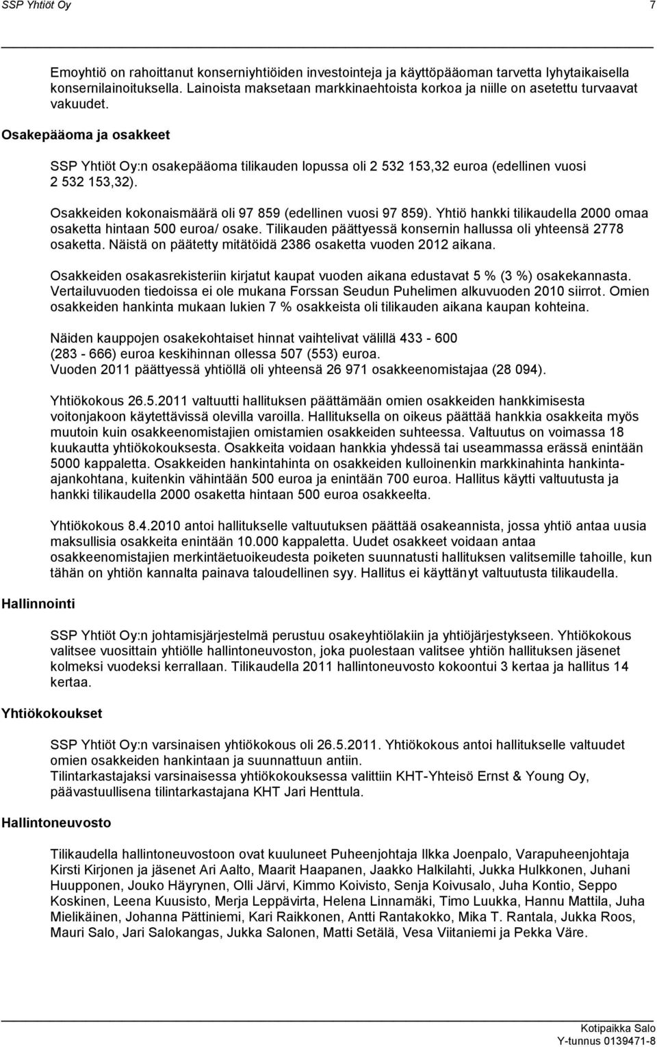 Osakepääoma ja osakkeet Hallinnointi SSP Yhtiöt Oy:n osakepääoma tilikauden lopussa oli 2 532 153,32 euroa (edellinen vuosi 2 532 153,32). Osakkeiden kokonaismäärä oli 97 859 (edellinen vuosi 97 859).