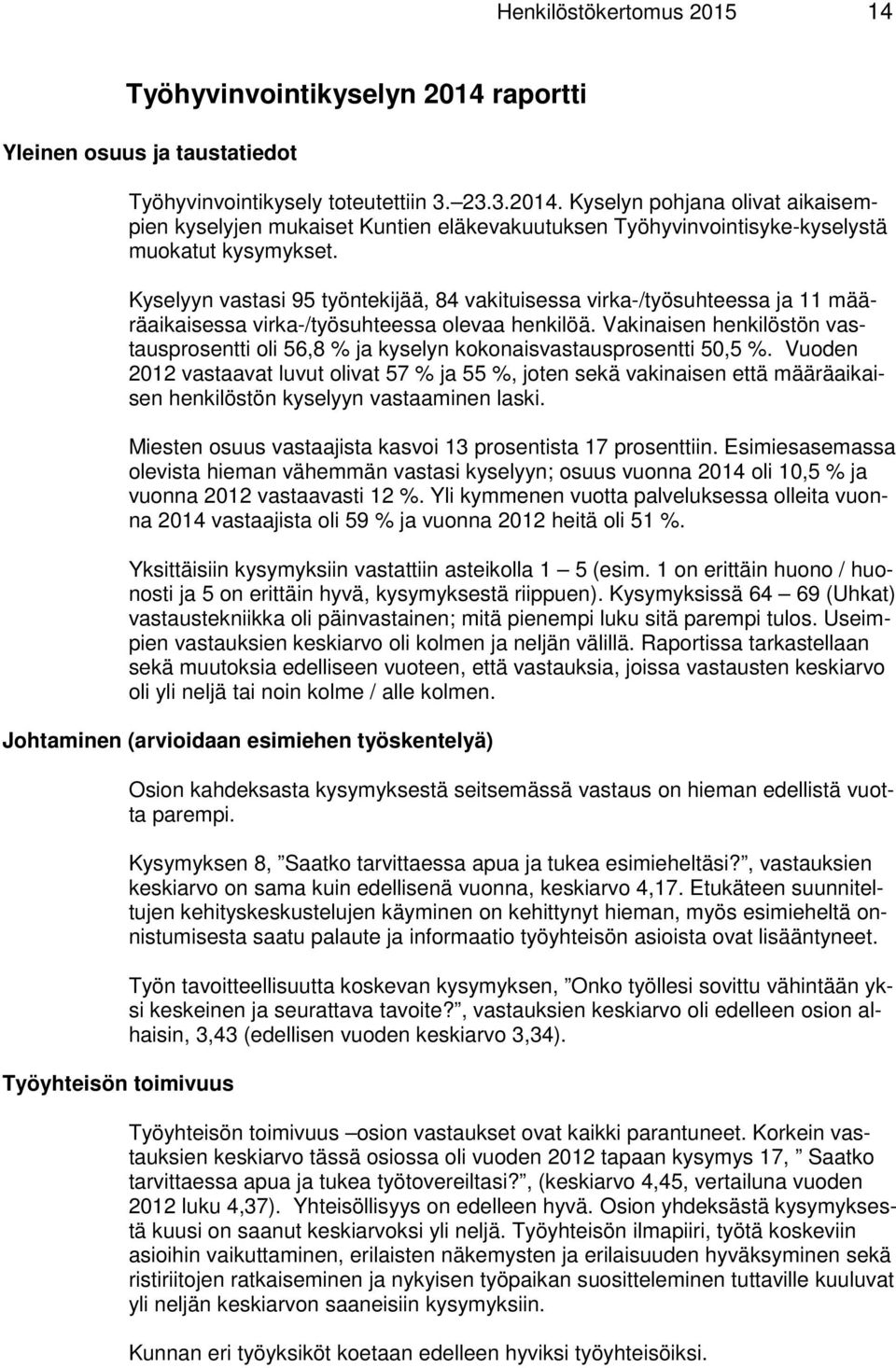 Vakinaisen henkilöstön vastausprosentti oli 56,8 % ja kyselyn kokonaisvastausprosentti 50,5 %.