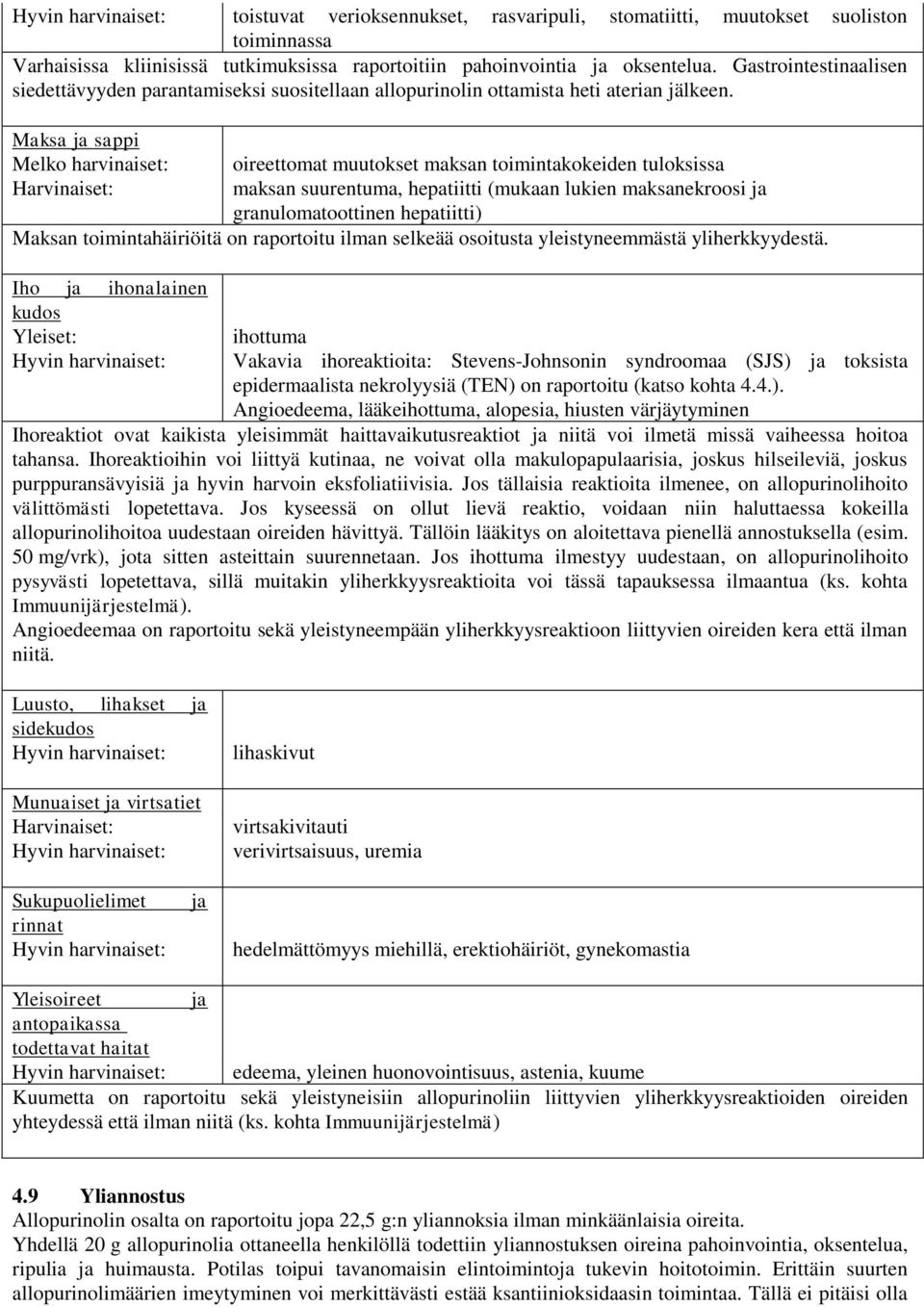 Maksa ja sappi Melko harvinaiset: oireettomat muutokset maksan toimintakokeiden tuloksissa Harvinaiset: maksan suurentuma, hepatiitti (mukaan lukien maksanekroosi ja granulomatoottinen hepatiitti)