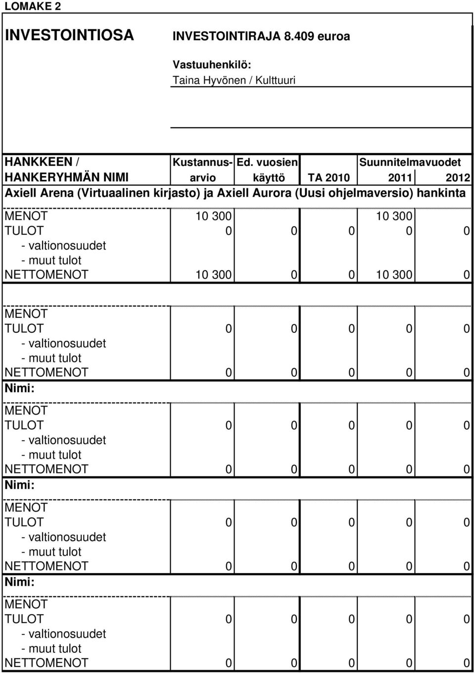 kirjasto) ja Axiell Aurora (Uusi ohjelmaversio) hankinta MENOT 10 300 10 300 NETTOMENOT 10 300 0 0 10 300