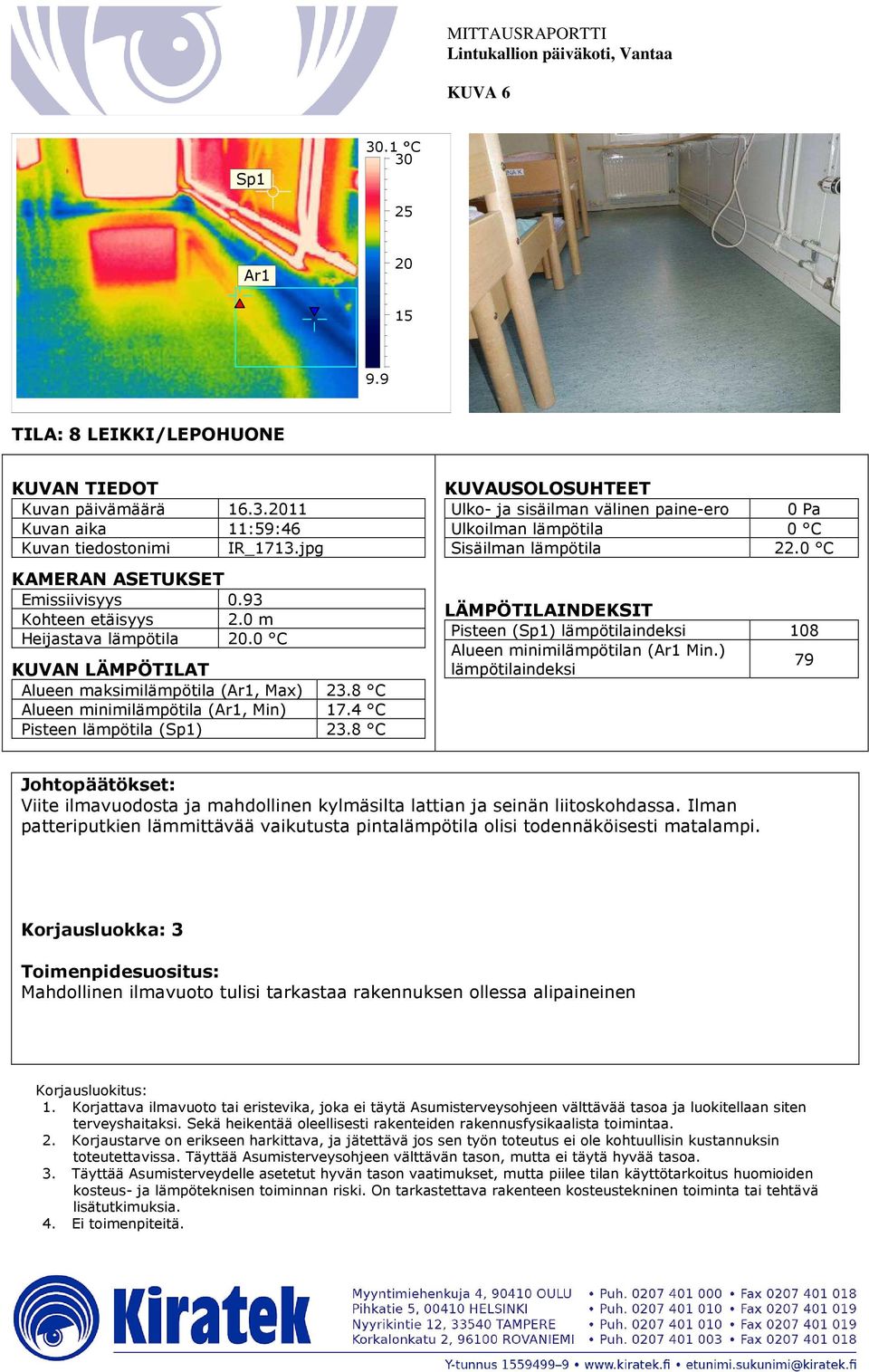 8 C Pisteen () 108 Alueen minimilämpötilan ( Min.) 79 Viite ilmavuodosta ja mahdollinen kylmäsilta lattian ja seinän liitoskohdassa.