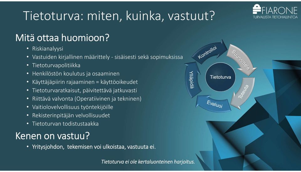 Käyttäjäpiirin rajaaminen = käyttöoikeudet Tietoturvaratkaisut, päivitettävä jatkuvasti Riittävä valvonta (Operatiivinen ja tekninen)