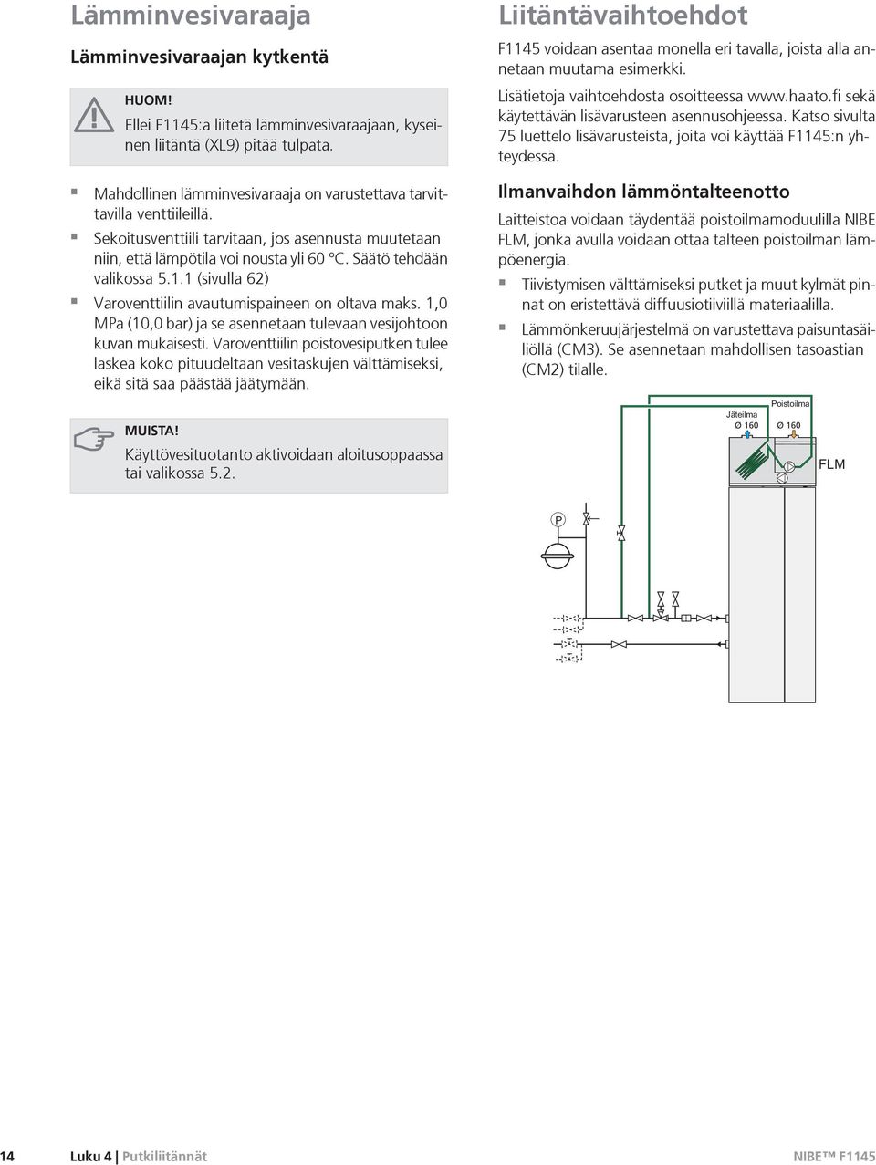 1 (sivulla 62) Varoventtiilin avautumispaineen on oltava maks. 1,0 MPa (10,0 bar) ja se asennetaan tulevaan vesijohtoon kuvan mukaisesti.
