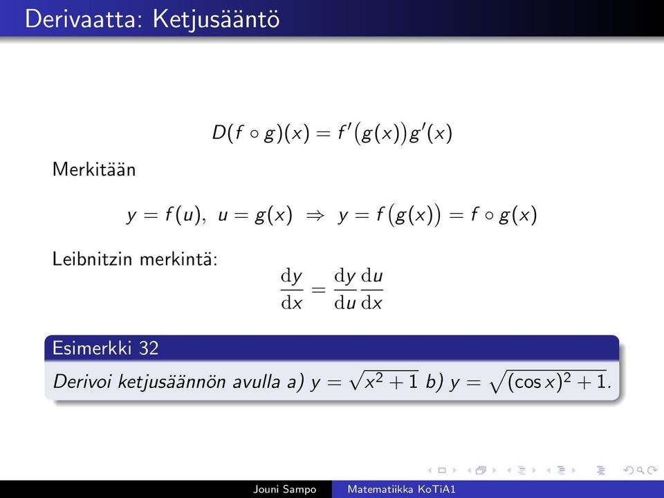 Leibnitzin merkintä: dy dx = dy du du dx Esimerkki 32