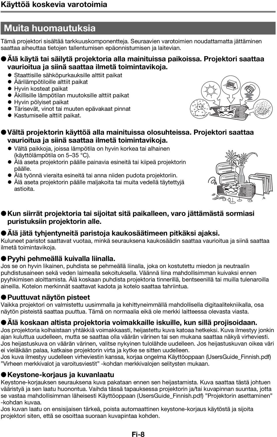 Projektori saattaa vaurioitua ja siinä saattaa ilmetä toimintavikoja.