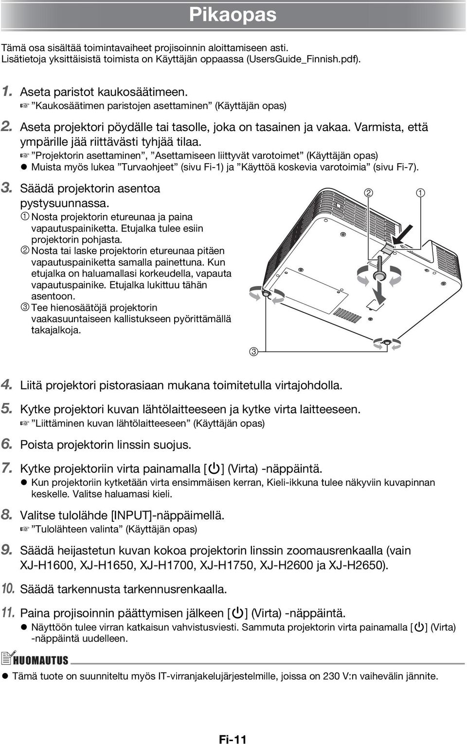 Projektorin asettaminen, Asettamiseen liittyvät varotoimet (Käyttäjän opas) Muista myös lukea Turvaohjeet (sivu Fi1) ja Käyttöä koskevia varotoimia (sivu Fi7). 3.