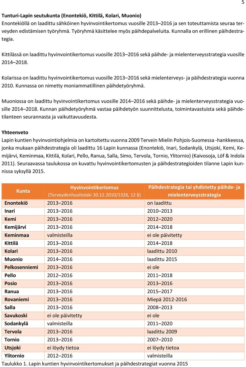 5 Kittilässä on laadittu hyvinvointikertomus vuosille 2013 2016 sekä päihde ja mielenterveysstrategia vuosille 2014 2018.