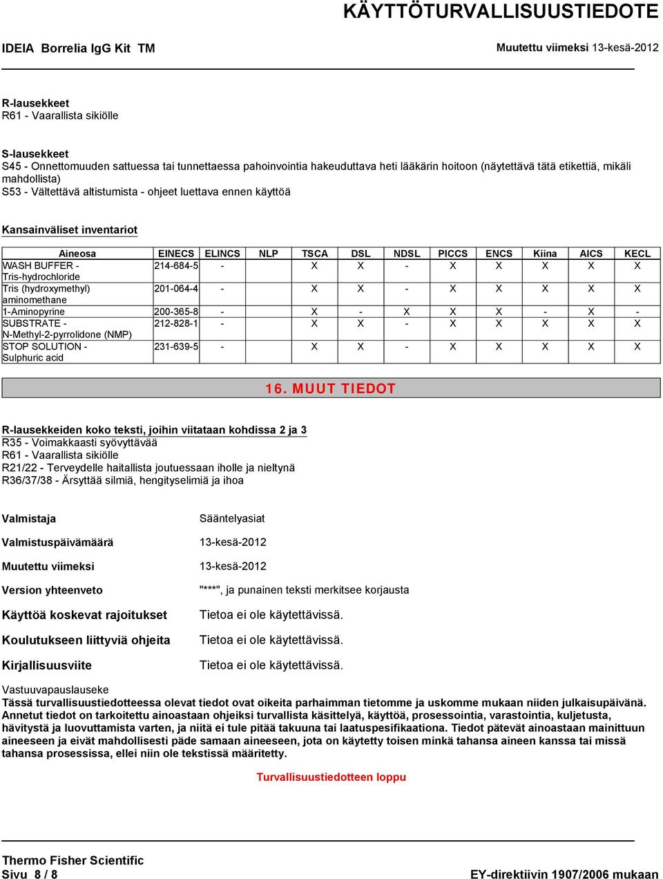 Tris-hydrochloride Tris (hydroxymethyl) 201-064-4 - X X - X X X X X aminomethane 1-Aminopyrine 200-365-8 - X - X X X - X - 212-828-1 - X X - X X X X X 231-639-5 - X X - X X X X X 16.