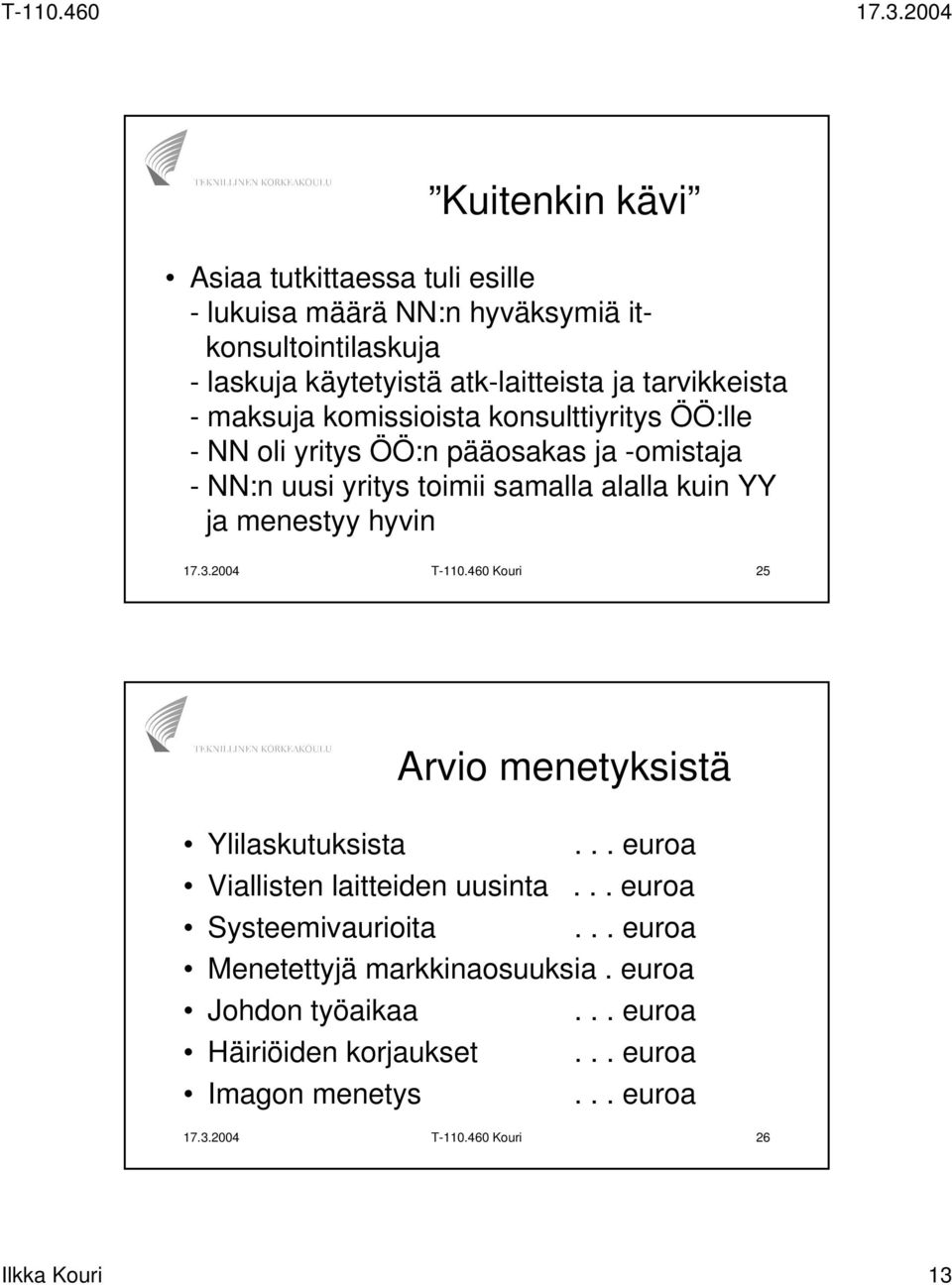 hyvin 17.3.2004 T-110.460 Kouri 25 Arvio menetyksistä Ylilaskutuksista... euroa Viallisten laitteiden uusinta... euroa Systeemivaurioita.