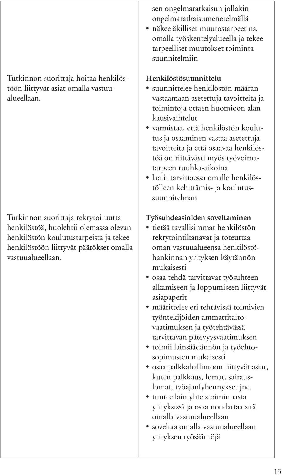 Tutkinnon suorittaja rekrytoi uutta henkilöstöä, huolehtii olemassa olevan henkilöstön koulutustarpeista ja tekee henkilöstöön liittyvät päätökset omalla vastuualueellaan.