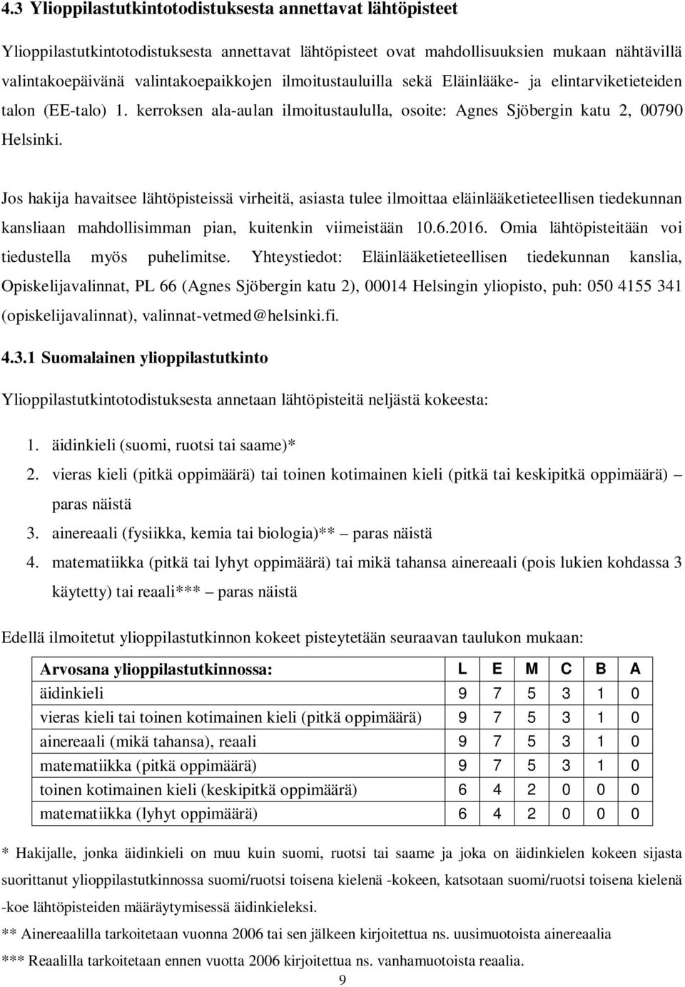 Jos hakija havaitsee lähtöpisteissä virheitä, asiasta tulee ilmoittaa eläinlääketieteellisen tiedekunnan kansliaan mahdollisimman pian, kuitenkin viimeistään 10.6.2016.
