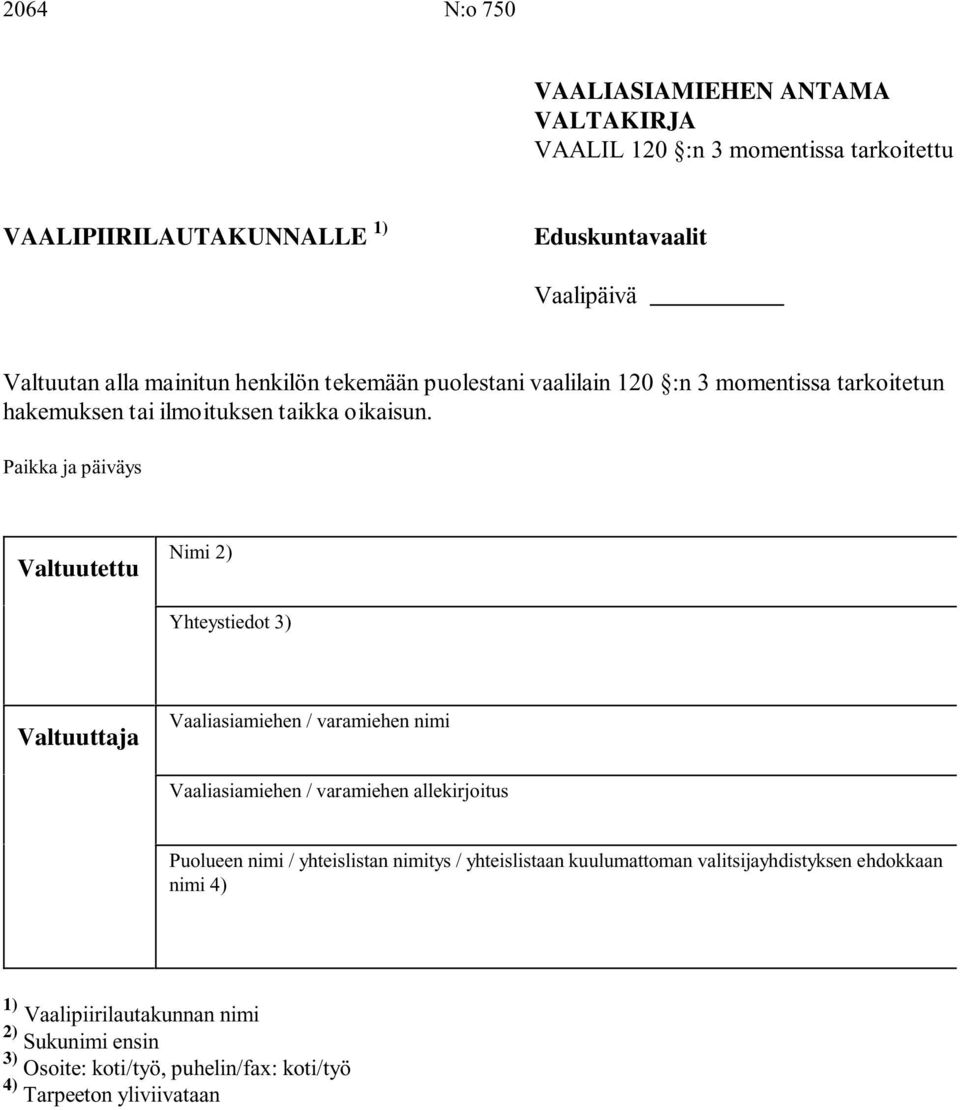 Valtuutettu Yhteystiedot 3) Valtuuttaja Vaaliasiamiehen / varamiehen nimi Vaaliasiamiehen / varamiehen allekirjoitus en nimi /