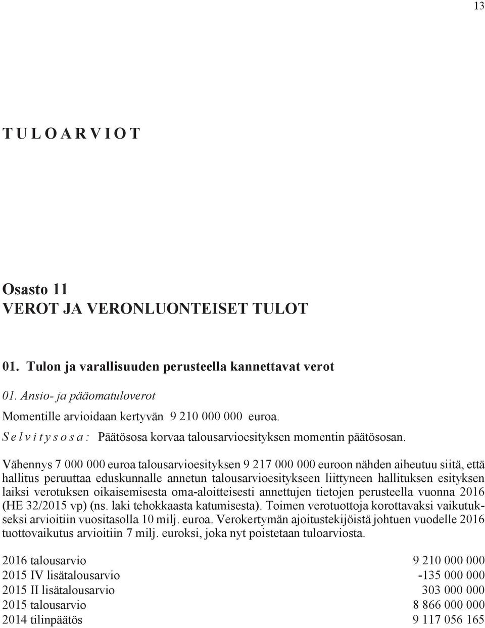 Vähennys 7 000 000 euroa talousarvioesityksen 9 217 000 000 euroon nähden aiheutuu siitä, että hallitus peruuttaa eduskunnalle annetun talousarvioesitykseen liittyneen hallituksen esityksen laiksi