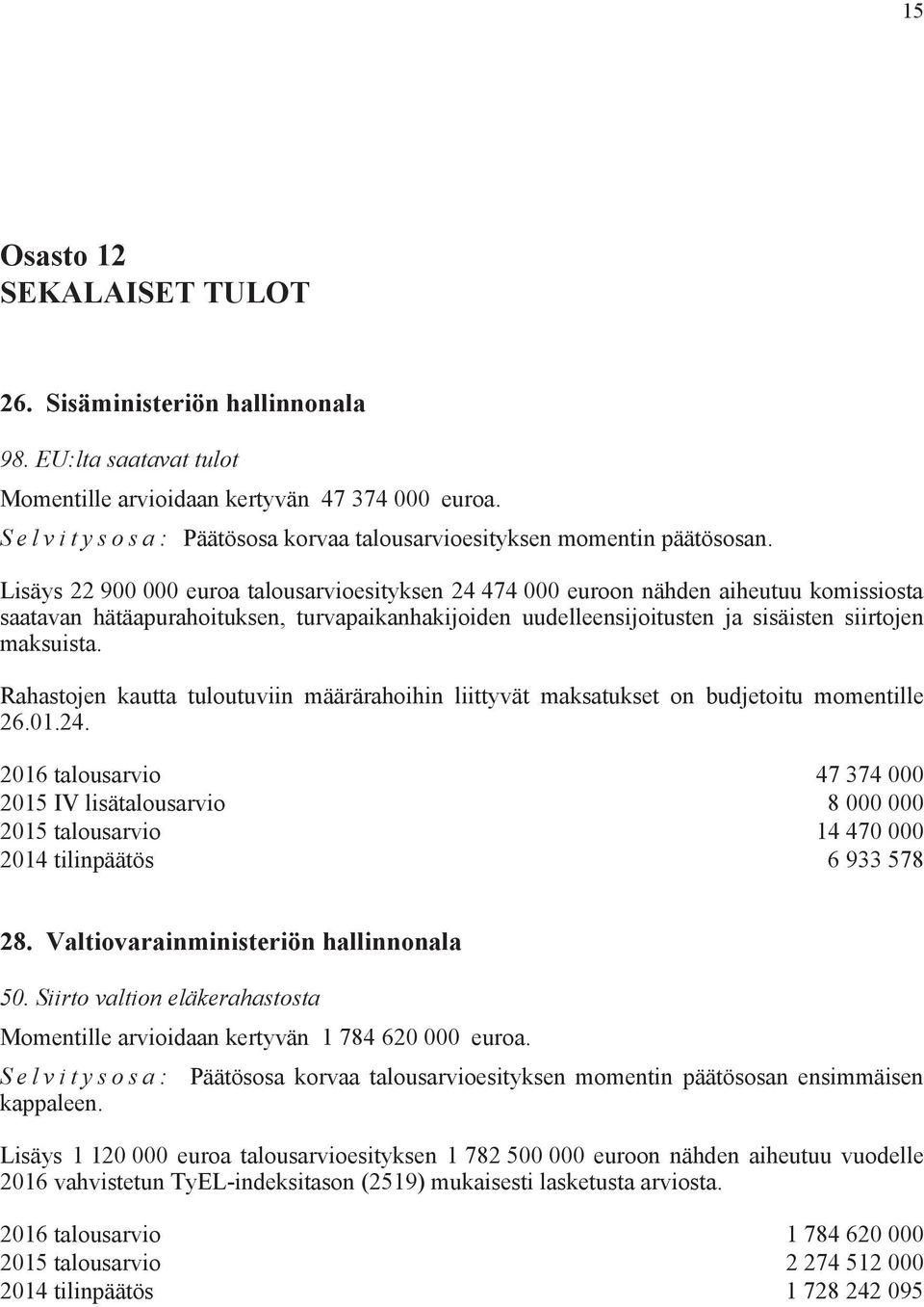 Lisäys 22 900 000 euroa talousarvioesityksen 24 474 000 euroon nähden aiheutuu komissiosta saatavan hätäapurahoituksen, turvapaikanhakijoiden uudelleensijoitusten ja sisäisten siirtojen maksuista.