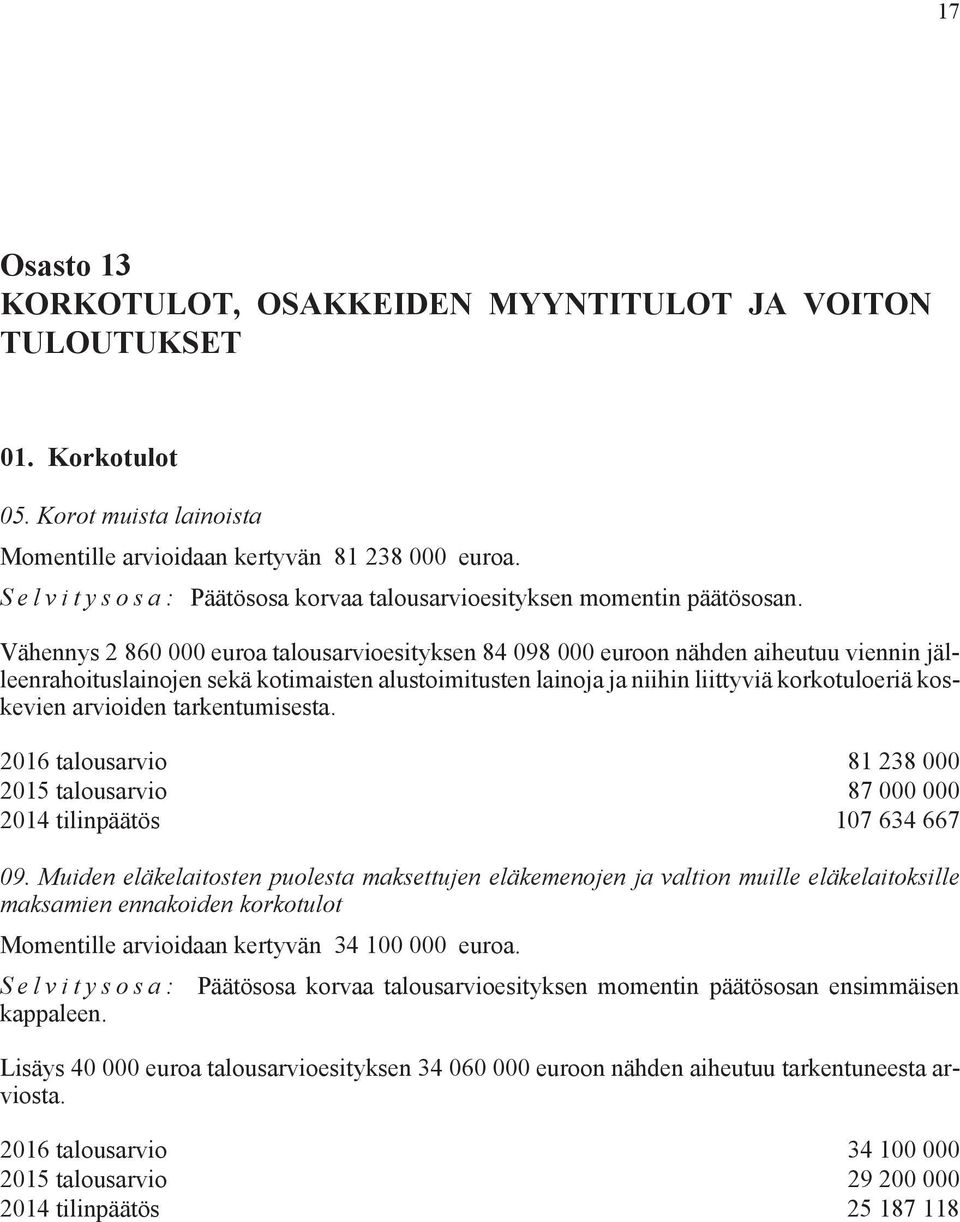 Vähennys 2 860 000 euroa talousarvioesityksen 84 098 000 euroon nähden aiheutuu viennin jälleenrahoituslainojen sekä kotimaisten alustoimitusten lainoja ja niihin liittyviä korkotuloeriä koskevien