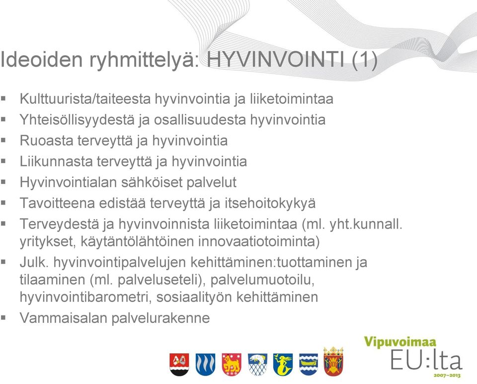 itsehoitokykyä Terveydestä ja hyvinvoinnista liiketoimintaa (ml. yht.kunnall. yritykset, käytäntölähtöinen innovaatiotoiminta) Julk.