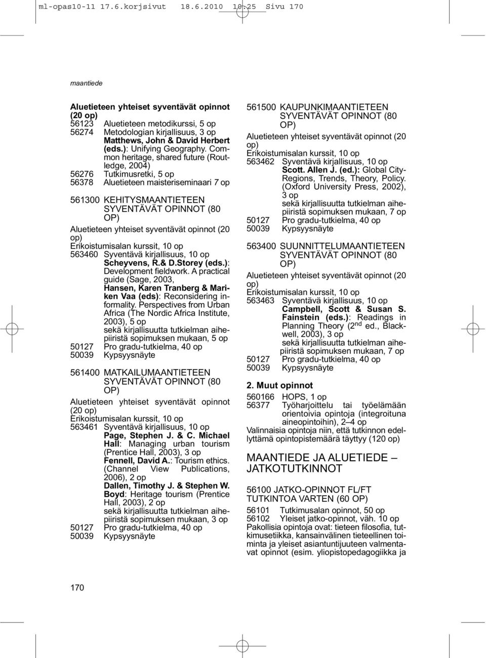 Common heritage, shared future (Routledge, 2004) 56276 Tutkimusretki, 56378 Aluetieteen maisteriseminaari 7 op 561300 KEHITYSMAANTIETEEN Aluetieteen yhteiset syventävät opinnot (20 op)