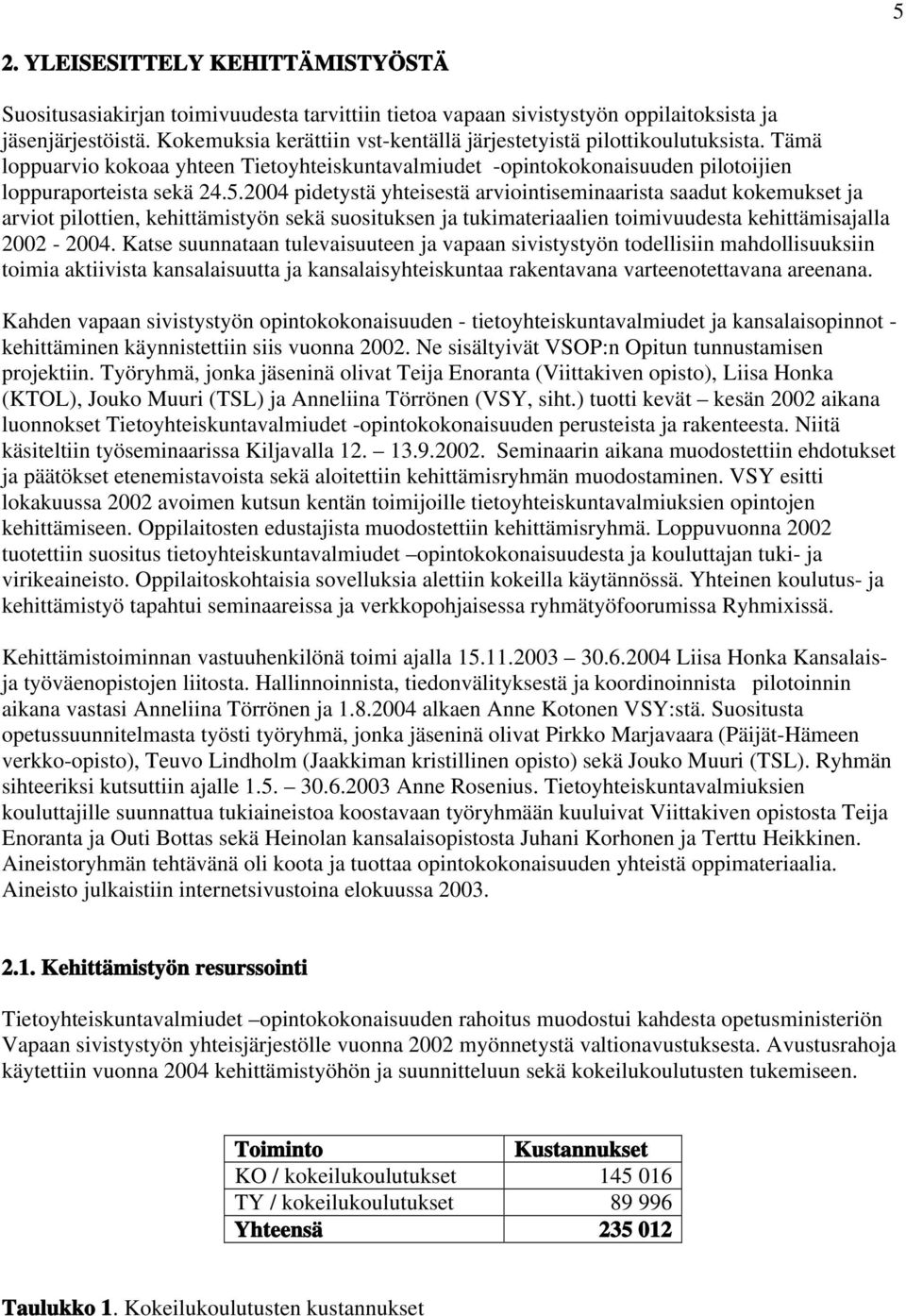 2004 pidetystä yhteisestä arviointiseminaarista saadut kokemukset ja arviot pilottien, kehittämistyön sekä suosituksen ja tukimateriaalien toimivuudesta kehittämisajalla 2002-2004.