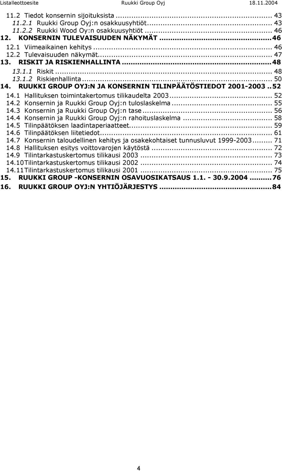 1 Hallituksen toimintakertomus tilikaudelta 2003... 52 14.2 Konsernin ja Ruukki Group Oyj:n tuloslaskelma... 55 14.3 Konsernin ja Ruukki Group Oyj:n tase... 56 14.