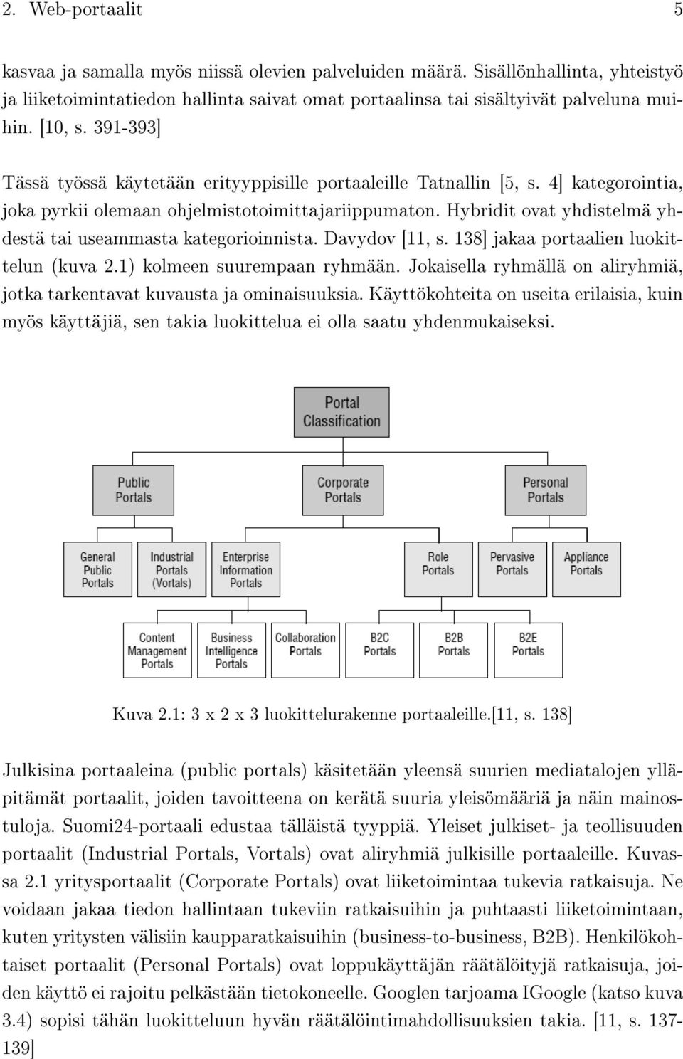 Hybridit ovat yhdistelmä yhdestä tai useammasta kategorioinnista. Davydov [11, s. 138] jakaa portaalien luokittelun (kuva 2.1) kolmeen suurempaan ryhmään.