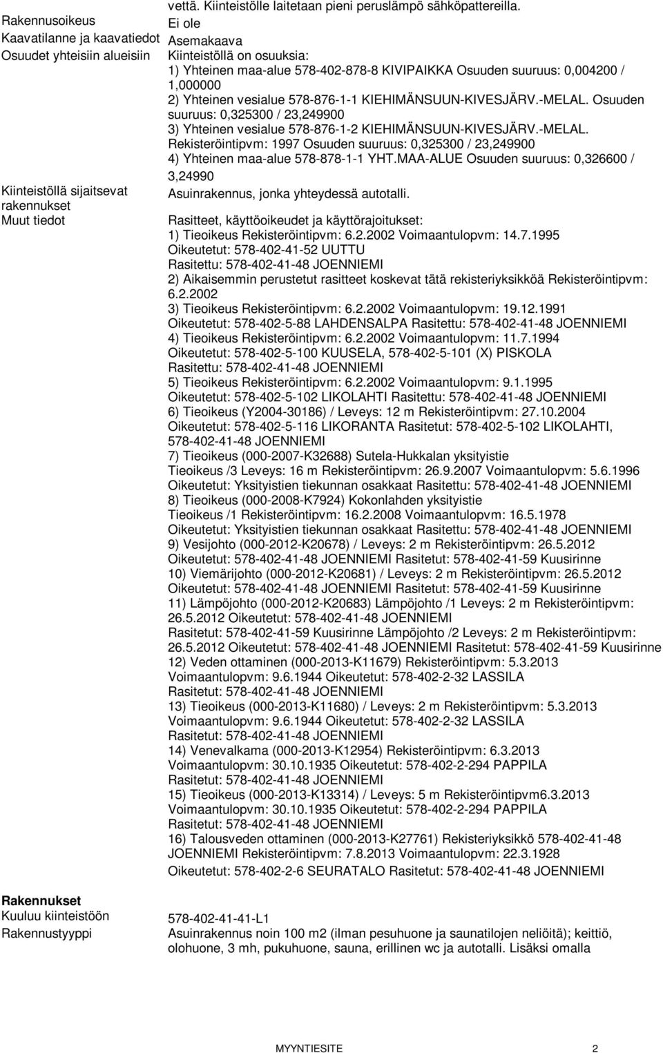 2) Yhteinen vesialue 578-876-1-1 KIEHIMÄNSUUN-KIVESJÄRV.-MELAL. Osuuden suuruus: 0,325300 / 23,249900 3) Yhteinen vesialue 578-876-1-2 KIEHIMÄNSUUN-KIVESJÄRV.-MELAL. Rekisteröintipvm: 1997 Osuuden suuruus: 0,325300 / 23,249900 4) Yhteinen maa-alue 578-878-1-1 YHT.