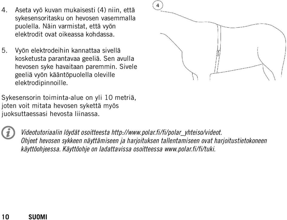 Sykesensorin toiminta-alue on yli 10 metriä, joten voit mitata hevosen sykettä myös juoksuttaessasi hevosta liinassa. Videotutoriaalin löydät osoitteesta http://www.polar.