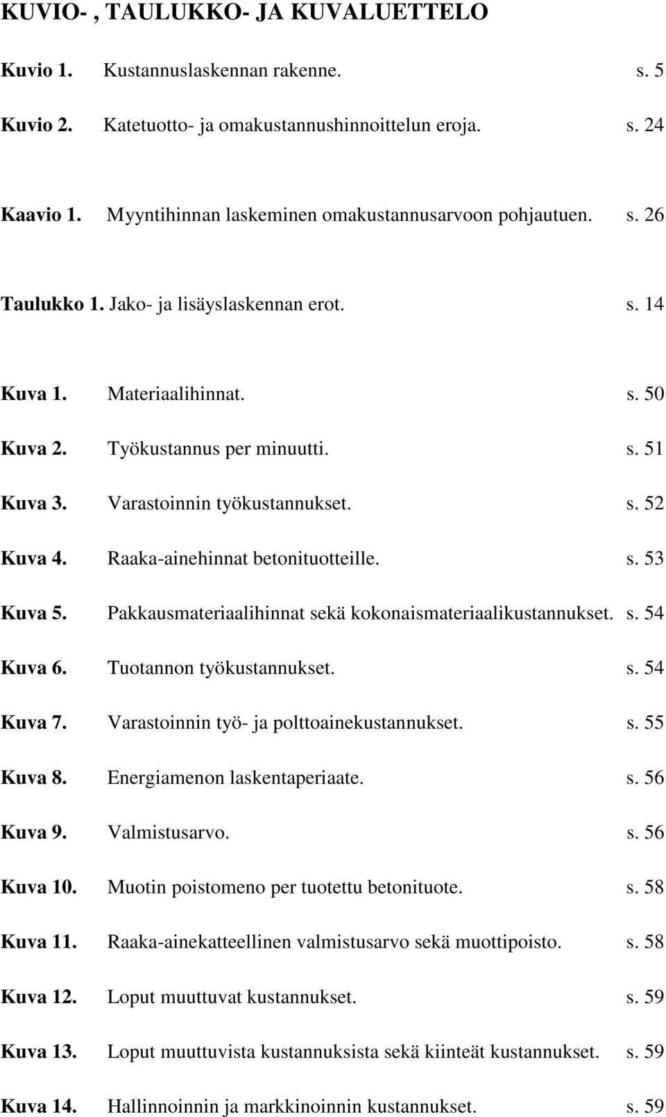 Varastoinnin työkustannukset. s. 52 Kuva 4. Raaka-ainehinnat betonituotteille. s. 53 Kuva 5. Pakkausmateriaalihinnat sekä kokonaismateriaalikustannukset. s. 54 Kuva 6. Tuotannon työkustannukset. s. 54 Kuva 7.
