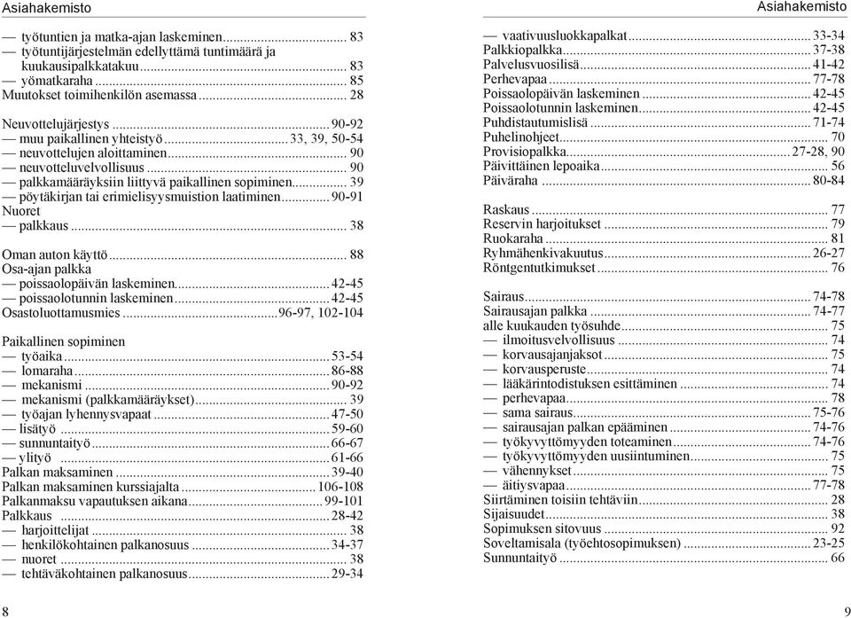 .. 39 pöytäkirjan tai erimielisyysmuistion laatiminen...90-91 Nuoret palkkaus... 38 Oman auton käyttö... 88 Osa-ajan palkka poissaolopäivän laskeminen...42-45 poissaolotunnin laskeminen.